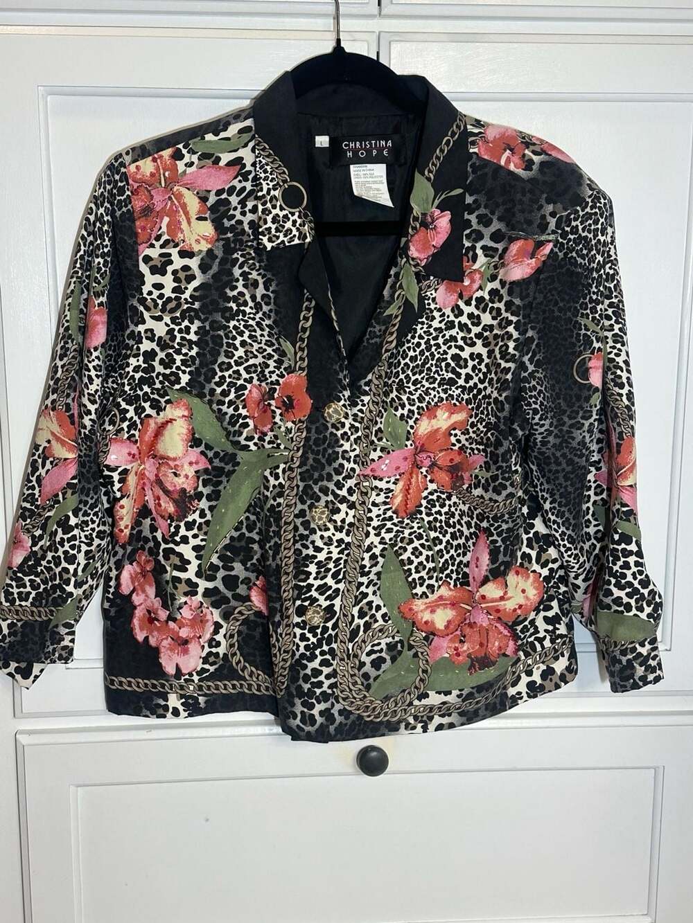 Christina Hope PL 100% Silk Beaded Floral Leopard Print Jacket Blouse Jacket